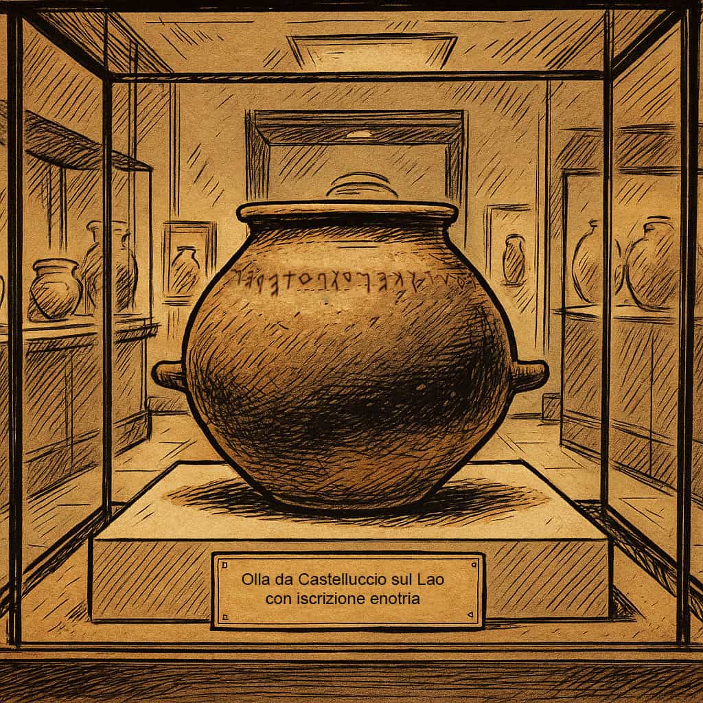 Ricostruzione grafica di un'olla da Castelluccio sul Lao con iscrizione enotria (generata con intelligenza artificiale).